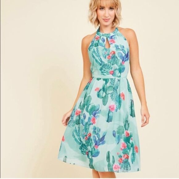 Modcloth Blogger The Better Cactus Halter Dress women's sz 4X blue green cactus - Picture 1 of 12